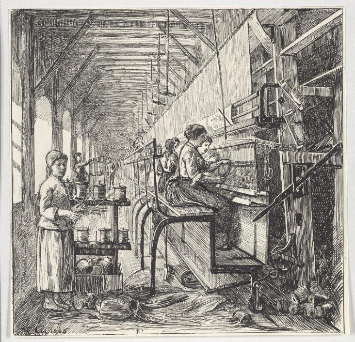 Teppichknüpferinnen in einer Fabrik in Ebergassing