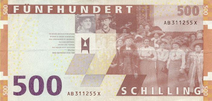 Rosa und Karl Mayreder und Gruppenbild einer Frauenversammlung auf der Rückseite einer 500-Schillinig-Banknote (1997-2002)