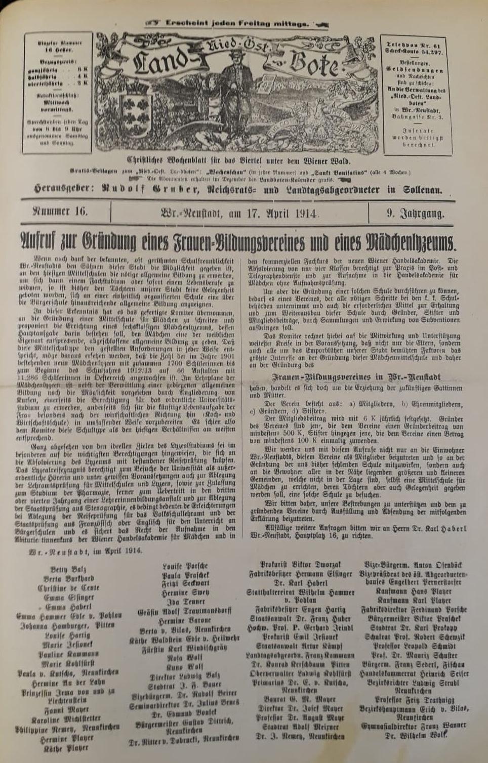 Aufruf zur Gründung eines Mädchenlyzeums in Wiener Neustadt 1914