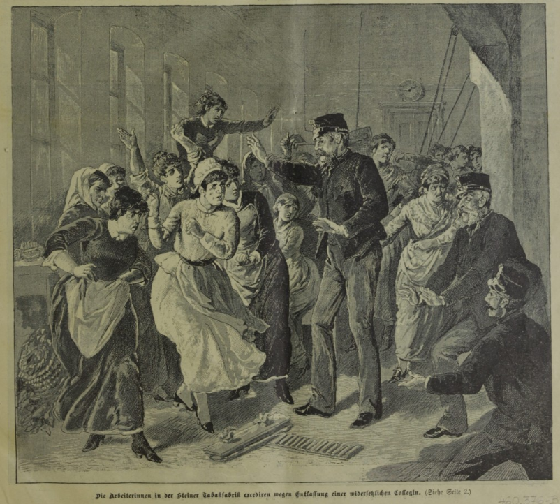 Streikende Frauen in der Tabakfabrik Stein 1886